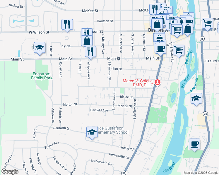 map of restaurants, bars, coffee shops, grocery stores, and more near 800 Walnut Street in Batavia