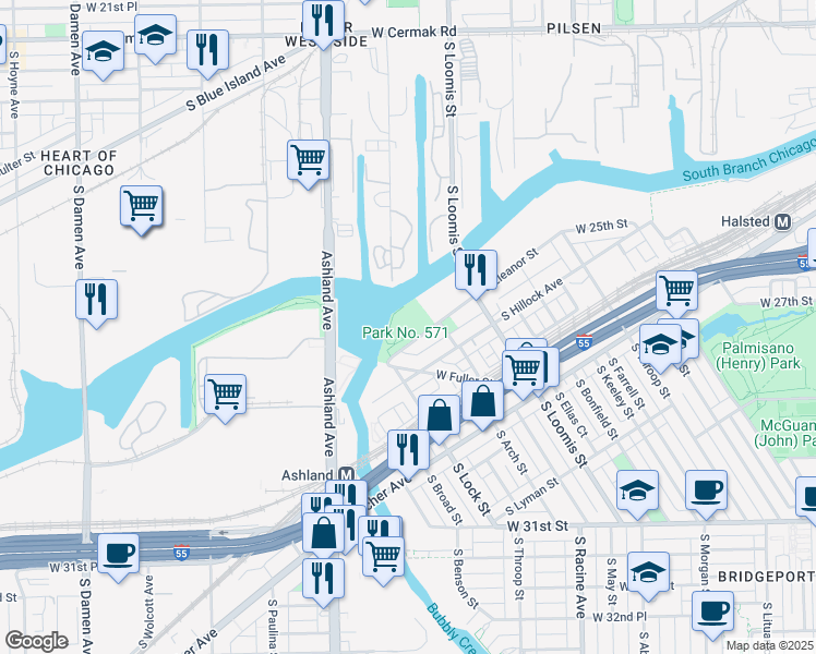 map of restaurants, bars, coffee shops, grocery stores, and more near 2828 South Eleanor Street in Chicago