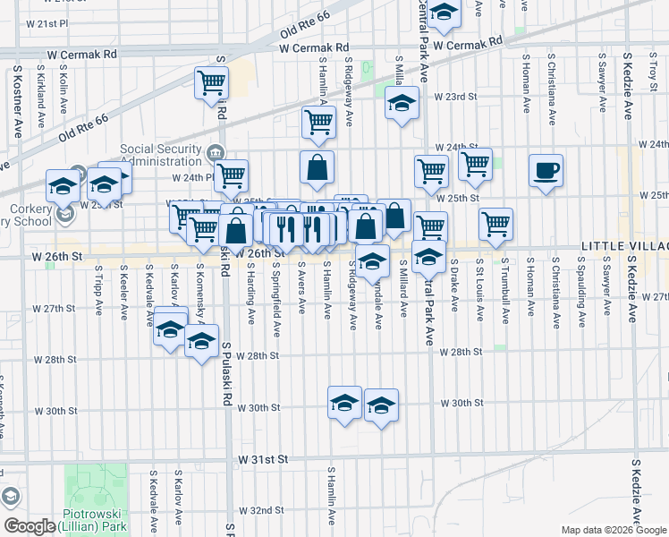 map of restaurants, bars, coffee shops, grocery stores, and more near 2619 South Hamlin Avenue in Chicago
