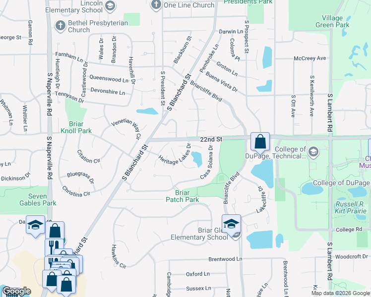 map of restaurants, bars, coffee shops, grocery stores, and more near 1124 Bunker Hill Court in Wheaton