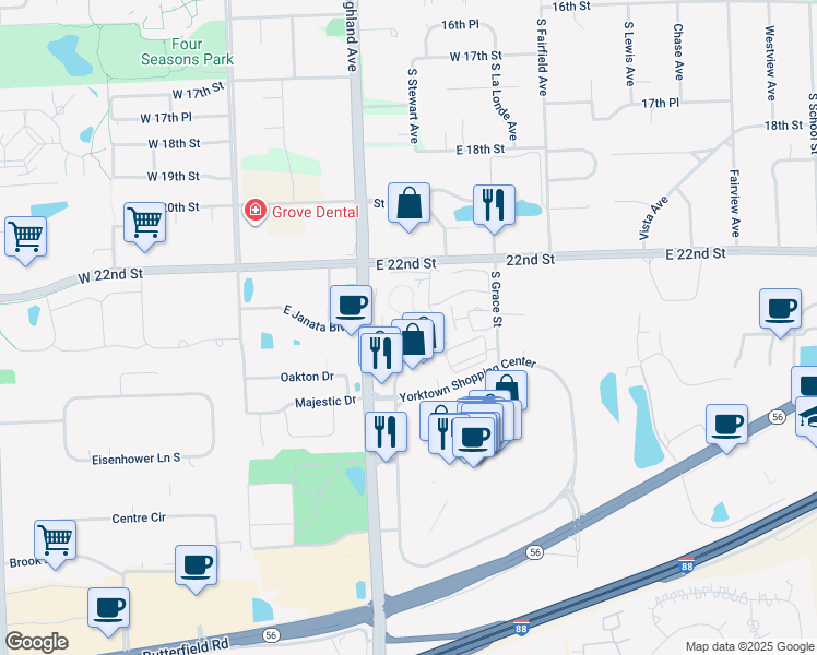 map of restaurants, bars, coffee shops, grocery stores, and more near 2233 South Highland Avenue in Lombard