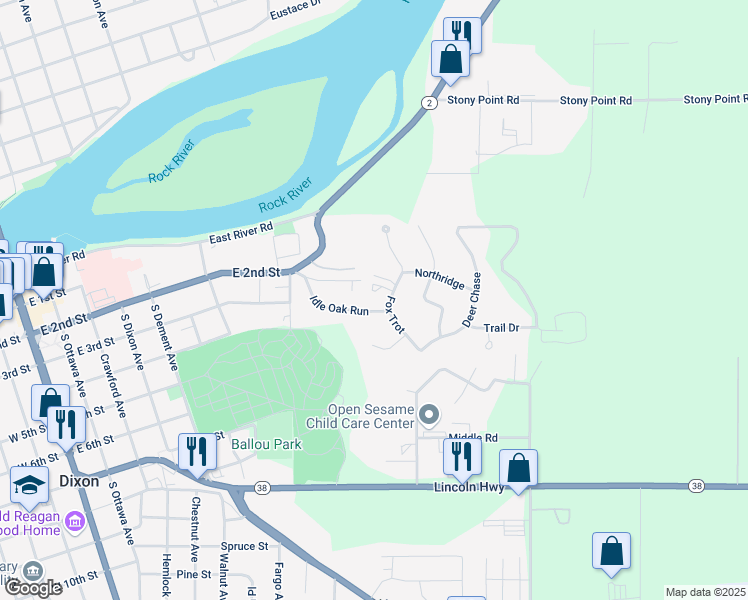 map of restaurants, bars, coffee shops, grocery stores, and more near 1065 Idle Oak Run in Dixon