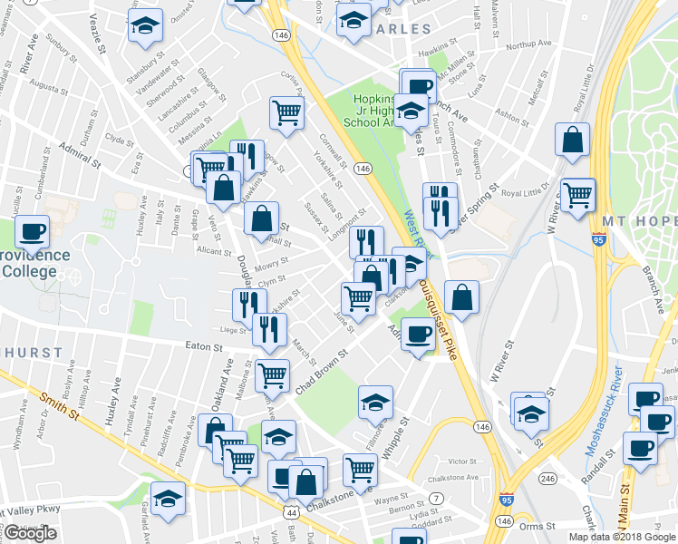 map of restaurants, bars, coffee shops, grocery stores, and more near 210 Admiral Street in Providence