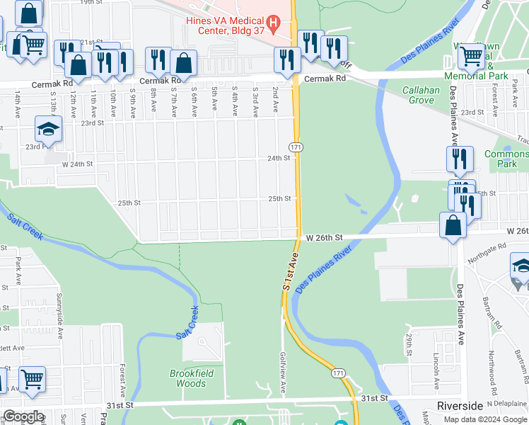map of restaurants, bars, coffee shops, grocery stores, and more near 2519 South 3rd Avenue in North Riverside