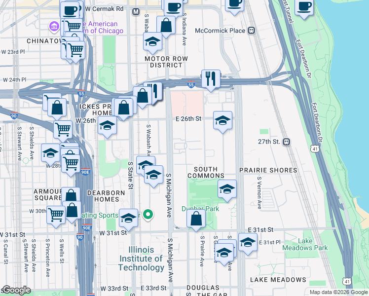map of restaurants, bars, coffee shops, grocery stores, and more near 2676 South Indiana Avenue in Chicago