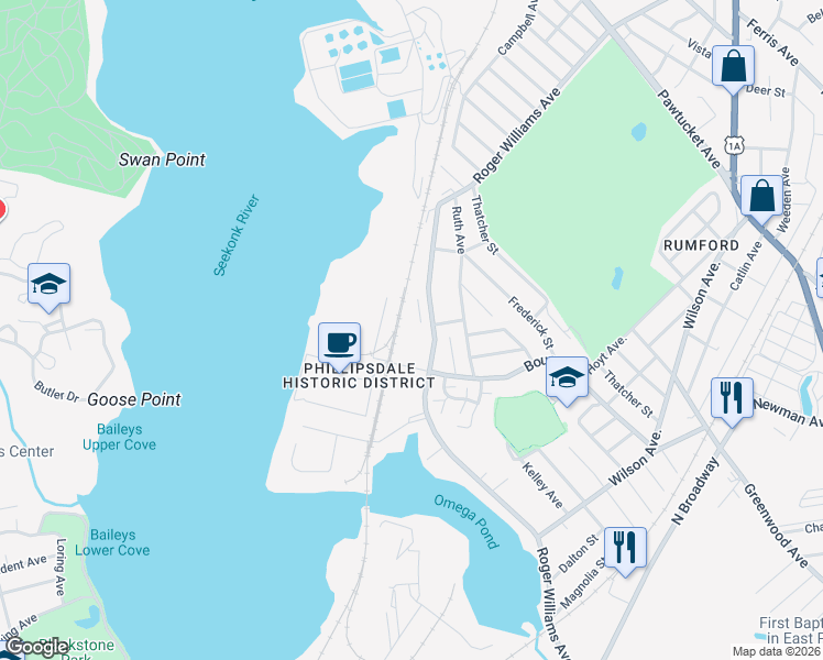 map of restaurants, bars, coffee shops, grocery stores, and more near 200 Roger Williams Avenue in East Providence