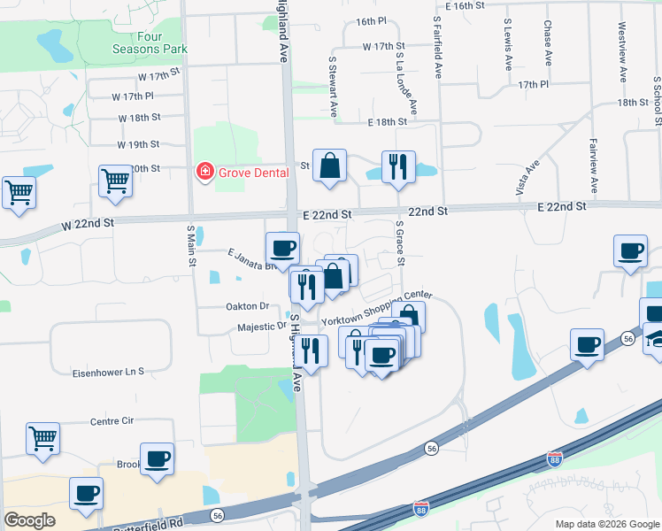 map of restaurants, bars, coffee shops, grocery stores, and more near 2233 South Highland Avenue in Lombard