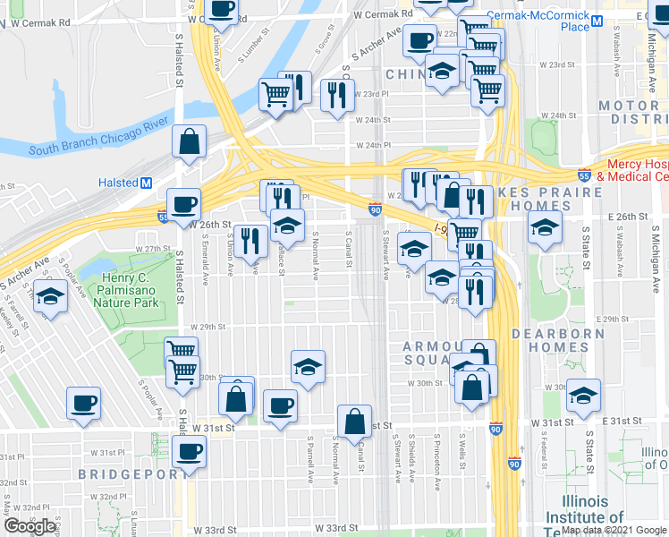 map of restaurants, bars, coffee shops, grocery stores, and more near 460 West 28th Street in Chicago