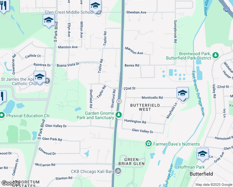 map of restaurants, bars, coffee shops, grocery stores, and more near 2S038 Churchill Lane in Glendale Heights