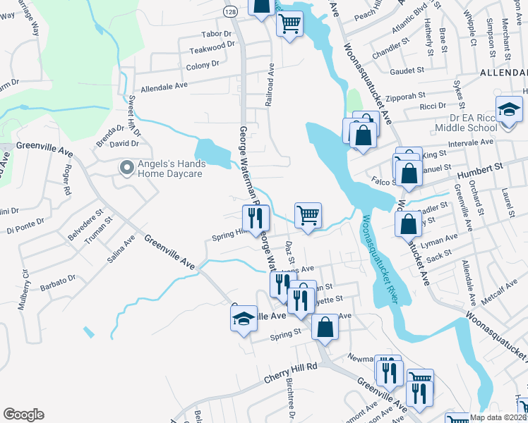 map of restaurants, bars, coffee shops, grocery stores, and more near 135 George Waterman Road in Johnston
