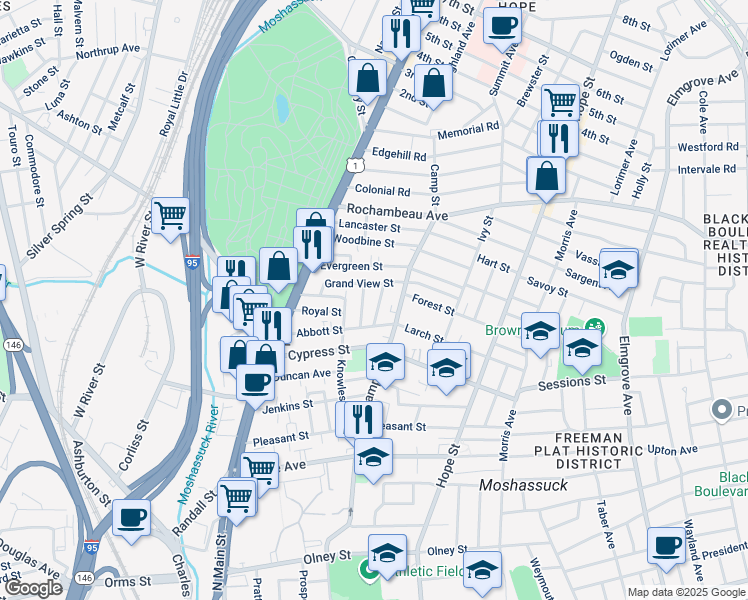 map of restaurants, bars, coffee shops, grocery stores, and more near 27 Peach Avenue in Providence