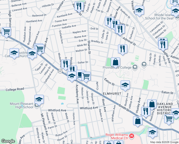 map of restaurants, bars, coffee shops, grocery stores, and more near 308 Jastram Street in Providence