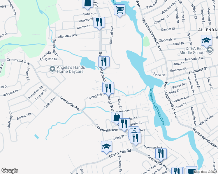 map of restaurants, bars, coffee shops, grocery stores, and more near 135 George Waterman Road in Johnston