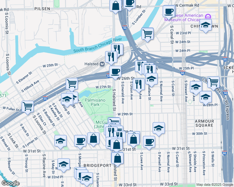 map of restaurants, bars, coffee shops, grocery stores, and more near in Chicago
