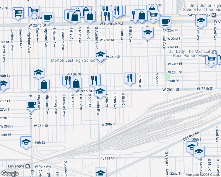 map of restaurants, bars, coffee shops, grocery stores, and more near 2531 South 59th Avenue in Cicero