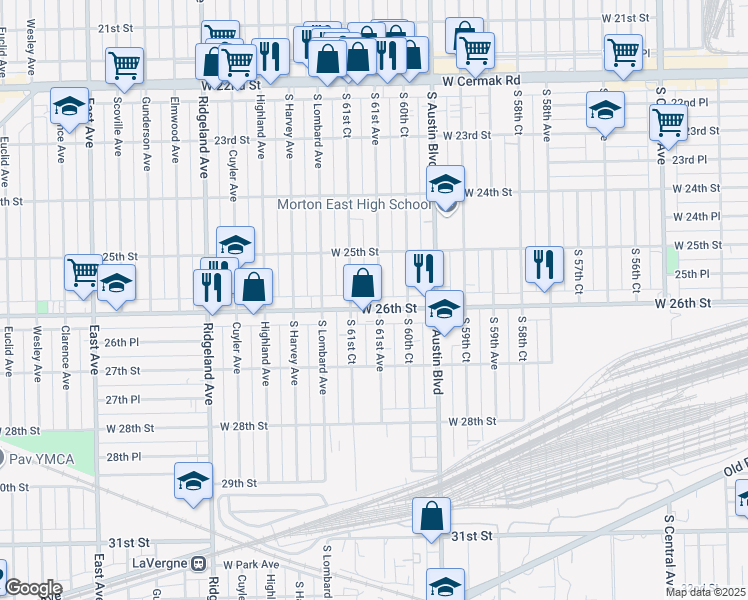 map of restaurants, bars, coffee shops, grocery stores, and more near 2531 South 61st Avenue in Cicero