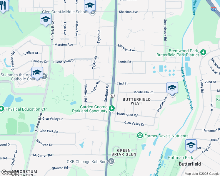 map of restaurants, bars, coffee shops, grocery stores, and more near 2S038 Churchill Lane in Glendale Heights