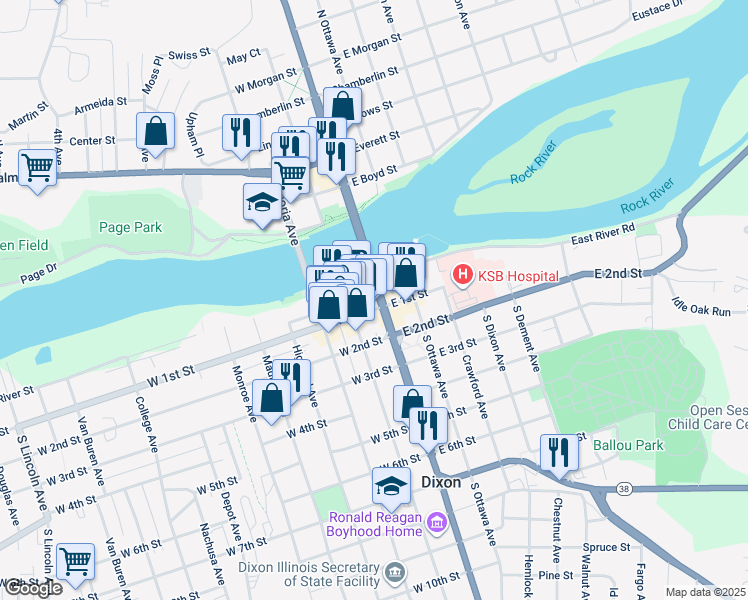 map of restaurants, bars, coffee shops, grocery stores, and more near 105 East 1st Street in Dixon