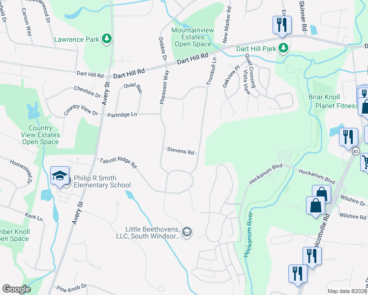 map of restaurants, bars, coffee shops, grocery stores, and more near 24 Stevens Road in South Windsor