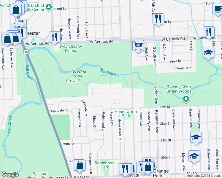 map of restaurants, bars, coffee shops, grocery stores, and more near 1645 Forest Road in La Grange Park