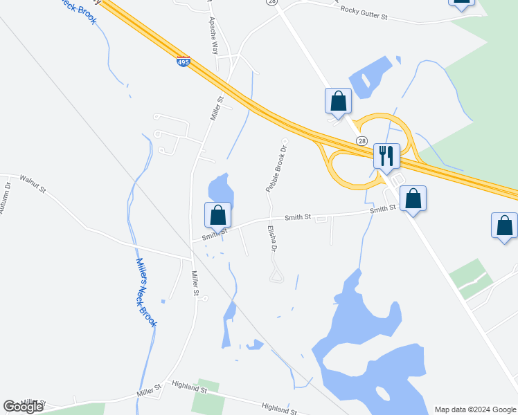 map of restaurants, bars, coffee shops, grocery stores, and more near 10 Pebble Brook Drive in Middleborough