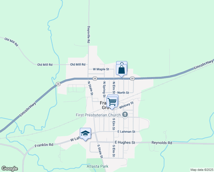 map of restaurants, bars, coffee shops, grocery stores, and more near 327 North Spring Street in Franklin Grove