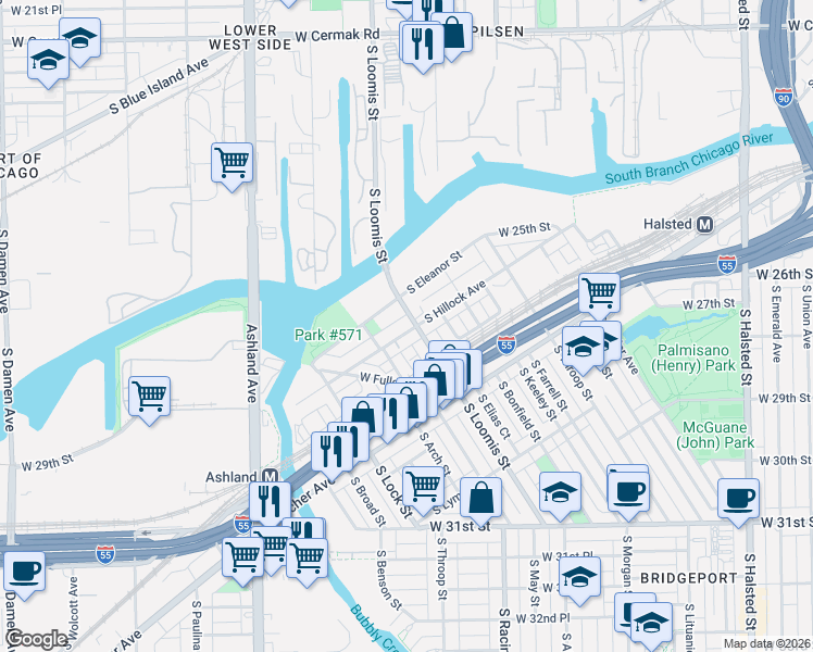 map of restaurants, bars, coffee shops, grocery stores, and more near 2804 South Hillock Avenue in Chicago