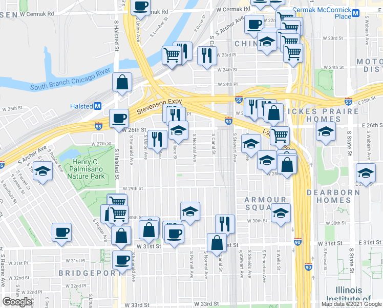 map of restaurants, bars, coffee shops, grocery stores, and more near 502 West 28th Street in Chicago