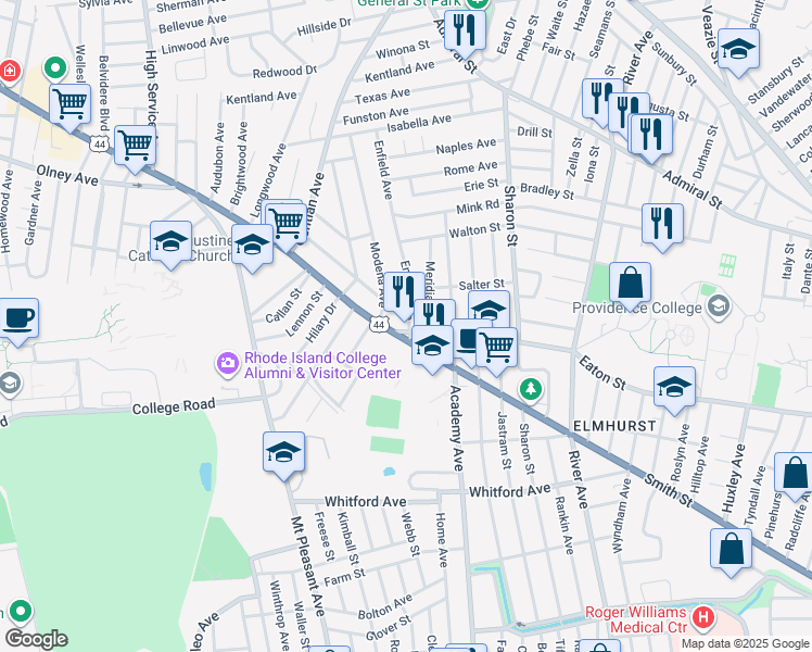 map of restaurants, bars, coffee shops, grocery stores, and more near 32 Meridian Street in Providence