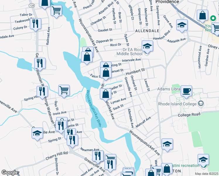 map of restaurants, bars, coffee shops, grocery stores, and more near 11 Elmo Street in North Providence