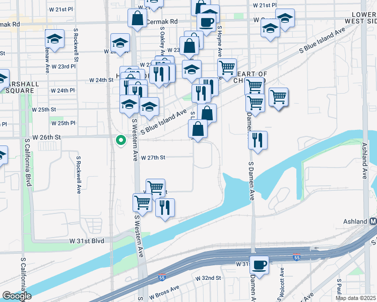 map of restaurants, bars, coffee shops, grocery stores, and more near 2 South Leavitt Street in Chicago