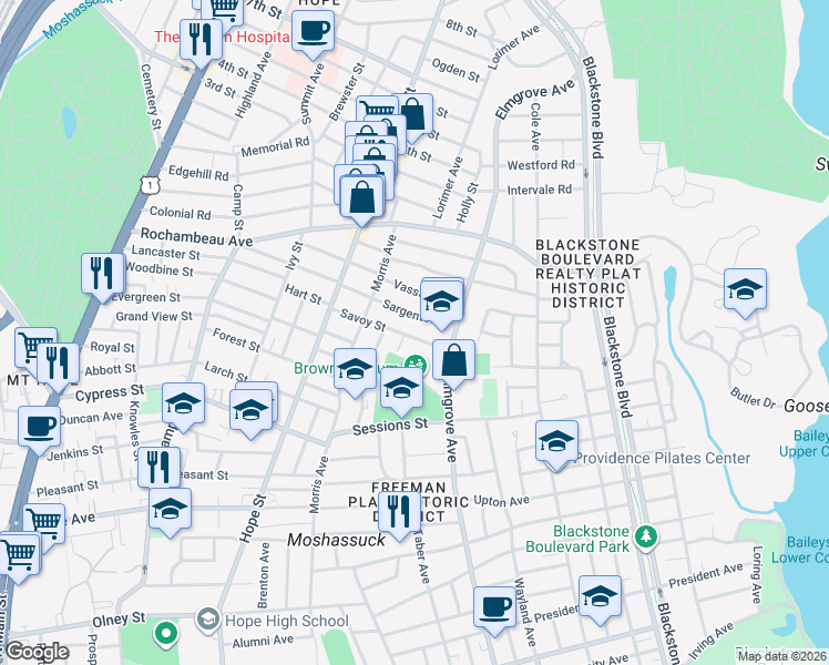map of restaurants, bars, coffee shops, grocery stores, and more near 90 Savoy St in Providence