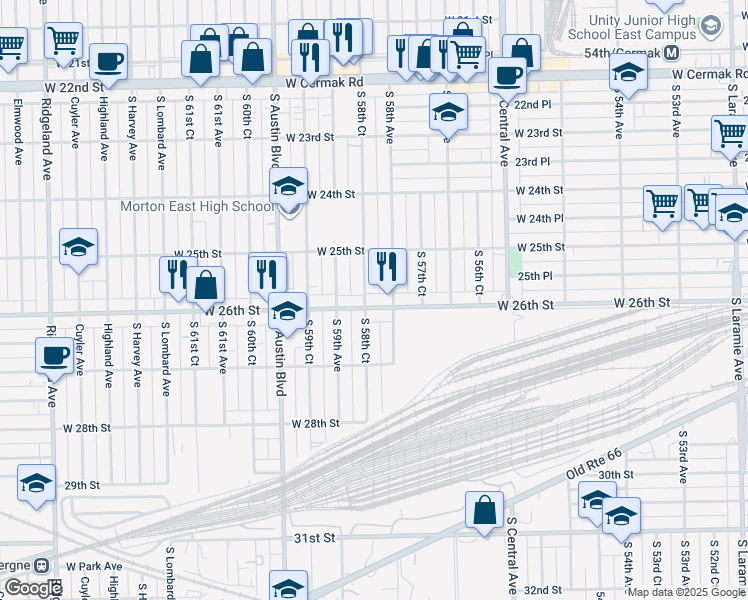 map of restaurants, bars, coffee shops, grocery stores, and more near 5818 West 26th Street in Cicero