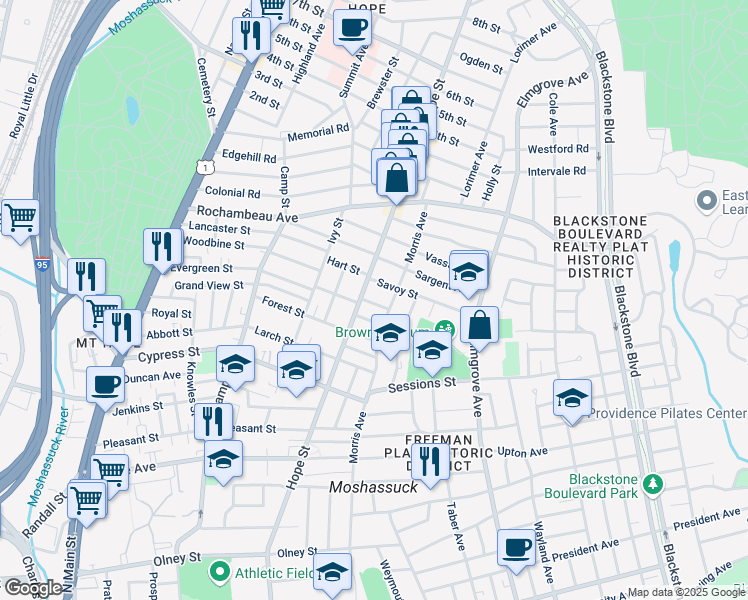 map of restaurants, bars, coffee shops, grocery stores, and more near 10 Fisher Street in Providence
