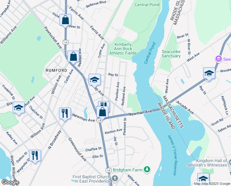 map of restaurants, bars, coffee shops, grocery stores, and more near 92 Pavilion Avenue in East Providence