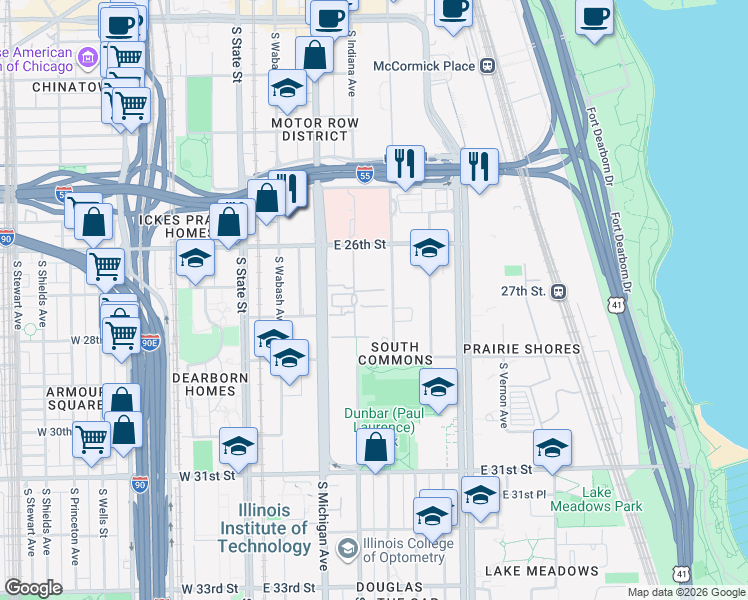 map of restaurants, bars, coffee shops, grocery stores, and more near 2701 South Indiana Avenue in Chicago