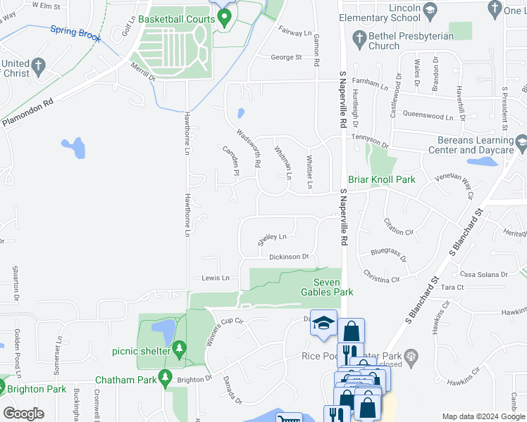 map of restaurants, bars, coffee shops, grocery stores, and more near 111 East Thompson Drive in Wheaton