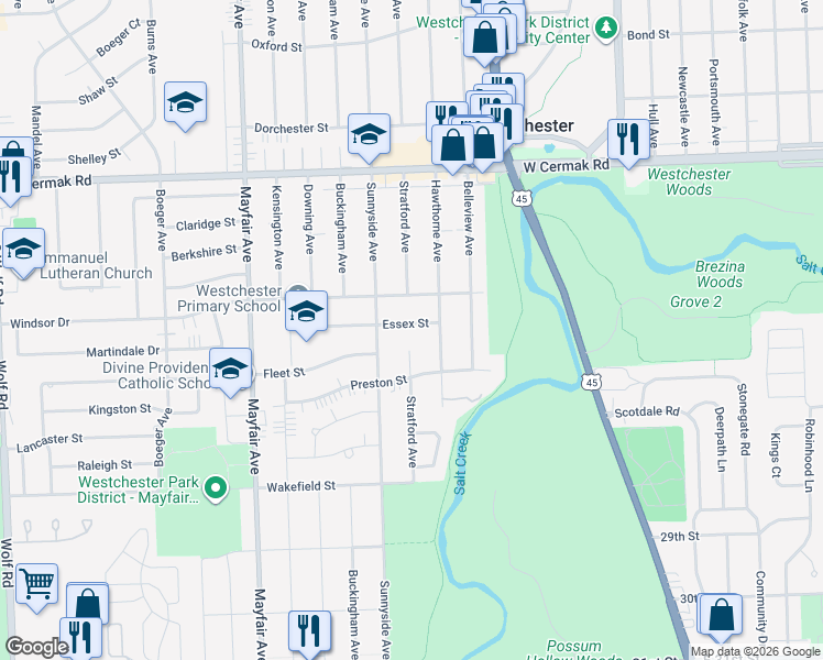 map of restaurants, bars, coffee shops, grocery stores, and more near 10529 Essex Street in Westchester