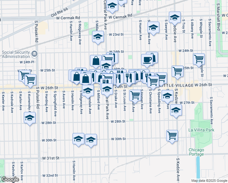 map of restaurants, bars, coffee shops, grocery stores, and more near 2614 South Drake Avenue in Chicago