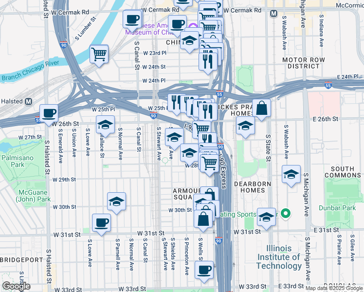 map of restaurants, bars, coffee shops, grocery stores, and more near 2700 South Princeton Avenue in Chicago