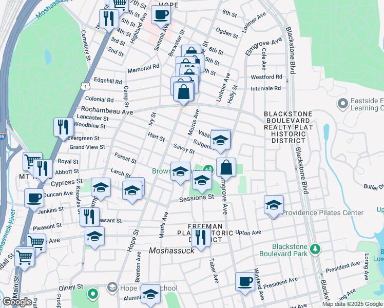 map of restaurants, bars, coffee shops, grocery stores, and more near 49 Savoy Street in Providence
