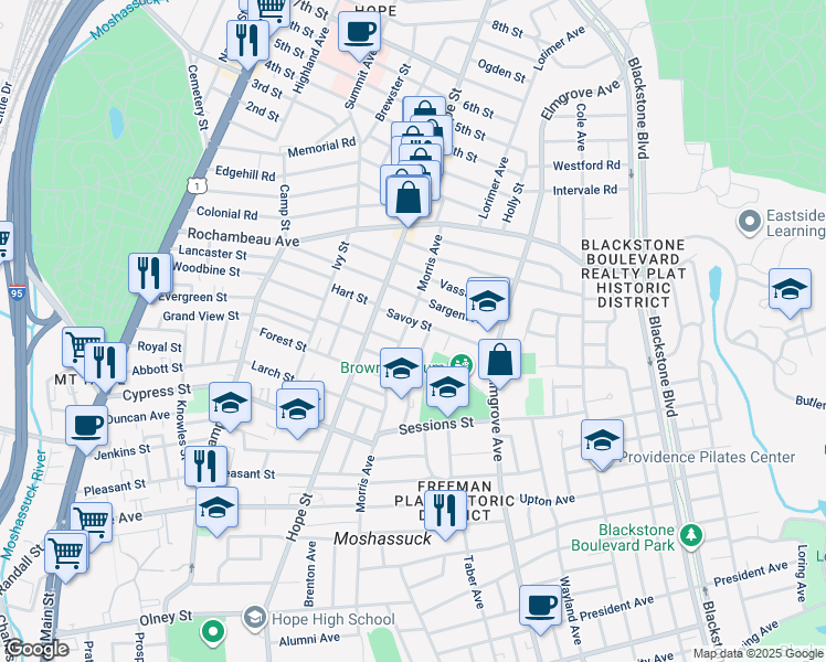 map of restaurants, bars, coffee shops, grocery stores, and more near 49 Savoy Street in Providence