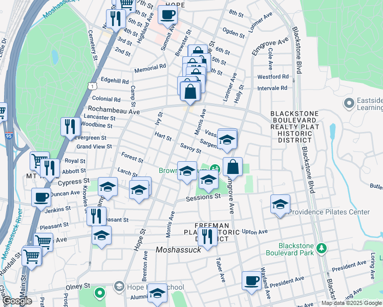 map of restaurants, bars, coffee shops, grocery stores, and more near 49 Savoy Street in Providence