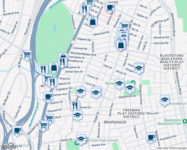 map of restaurants, bars, coffee shops, grocery stores, and more near 167 Evergreen Street in Providence