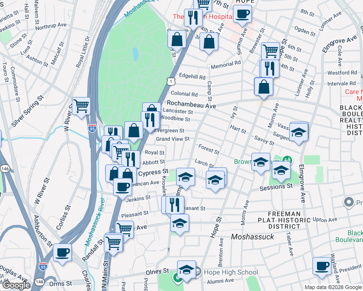map of restaurants, bars, coffee shops, grocery stores, and more near 27 Peach Avenue in Providence
