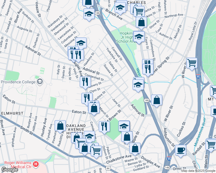 map of restaurants, bars, coffee shops, grocery stores, and more near in Providence