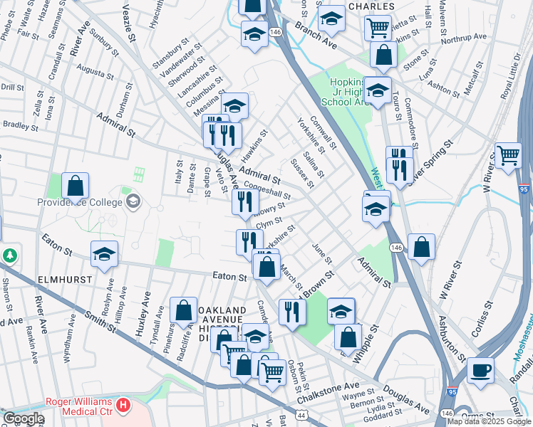 map of restaurants, bars, coffee shops, grocery stores, and more near 68 Mowry Street in Providence