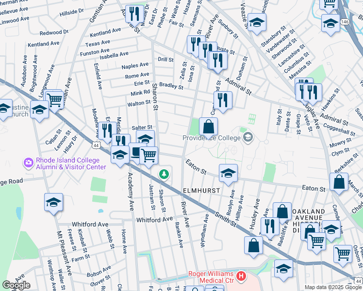 map of restaurants, bars, coffee shops, grocery stores, and more near 584 River Avenue in Providence