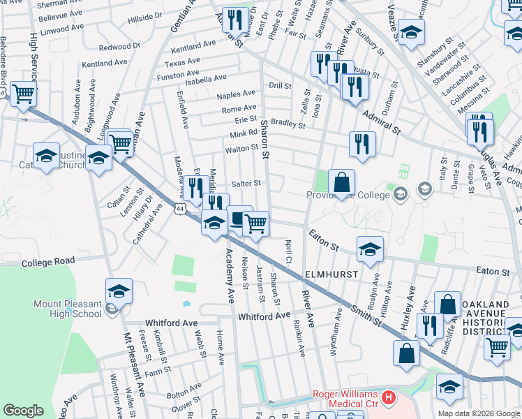 map of restaurants, bars, coffee shops, grocery stores, and more near 308 Jastram Street in Providence