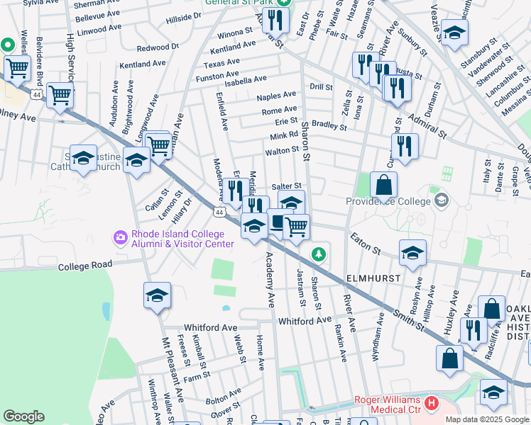 map of restaurants, bars, coffee shops, grocery stores, and more near 697 Academy Avenue in Providence